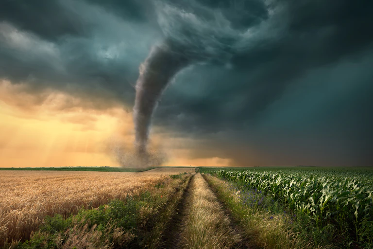 tornado in sky, black clouds, over straight lane through field of crops