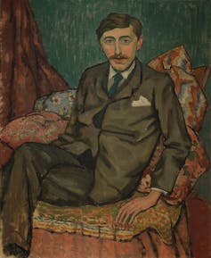 A painting of Forster with a moustache, sat in a chair.