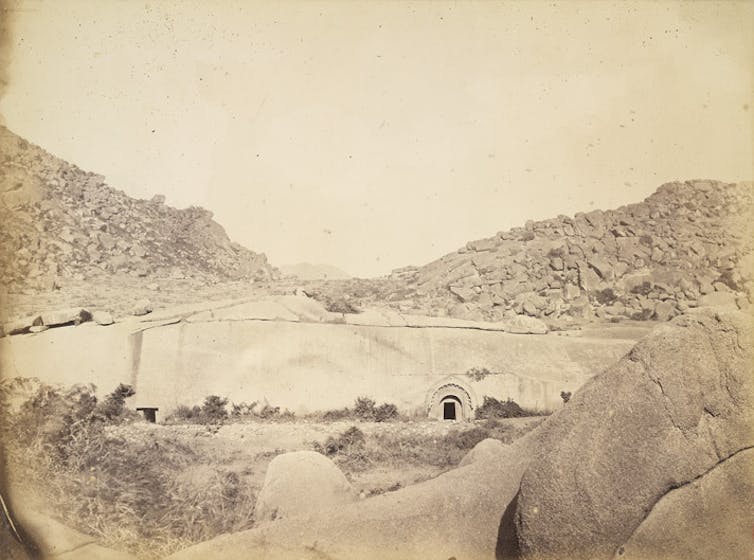 Black and white photo of cave entrance
