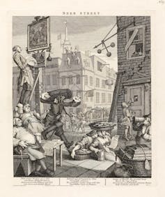 Black and white engraving of a busy London street, filled with people drinking beer.