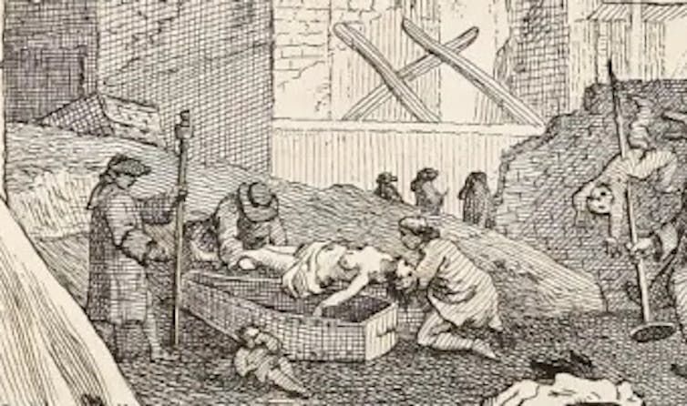 engraving of people lowering a body into a coffin.