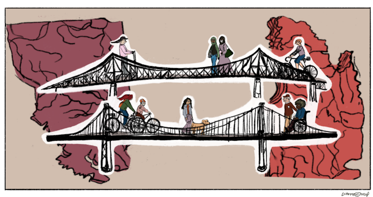 Characters cross bridges linking territories.