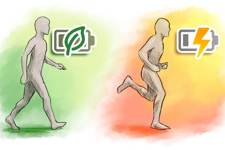 Ilustração de duas silhuetas, uma caminhando e a outra correndo