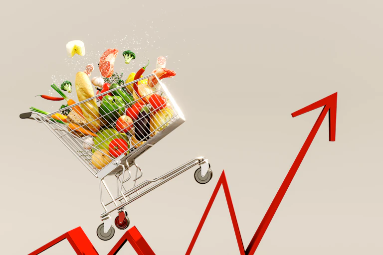 Shopping cart full of groceries and red arrow pointing up