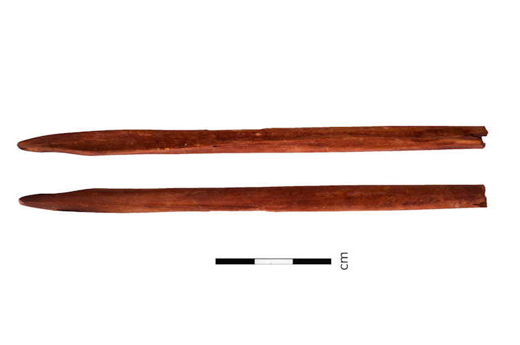 Two photos of a long, slender pointed object.