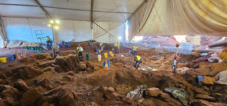 Photo of people digging in earth inside a very large tent.