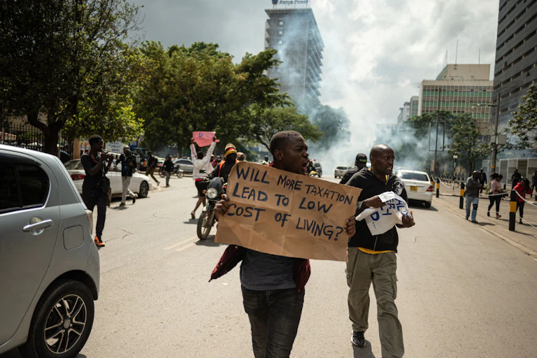 Protesters waving placards on a city street with a cloud of tear gas rising behind them.