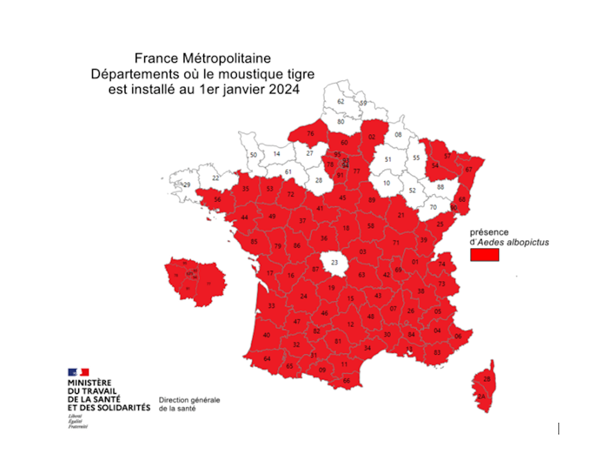 Carte de répartition du moustique tigre en France hexagonale et en Corse