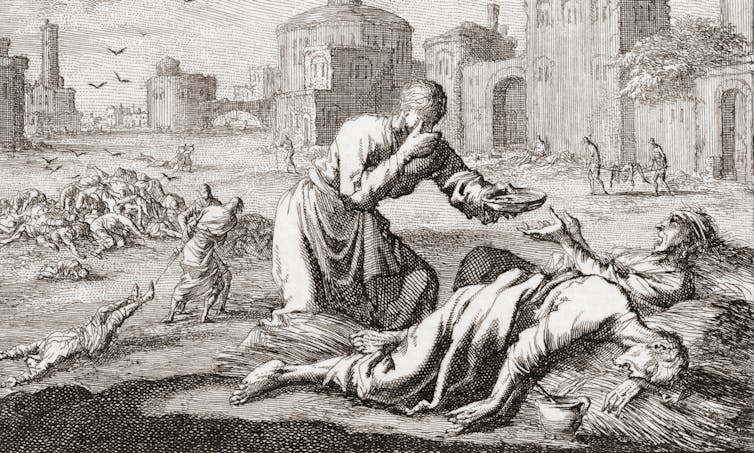 Uma gravura mostrando um transeunte oferecendo água a um homem morrendo de peste durante a Grande Peste de Londres.