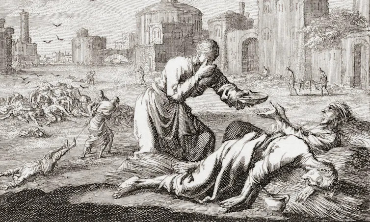 An engraving showing a passerby offering water to a man dying of plague during the Great Plague of London.