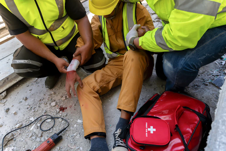 A person wearing a fluorescent vest wraps gauze around the bleeding wrist of a man sitting on the ground wearing a construction helmet