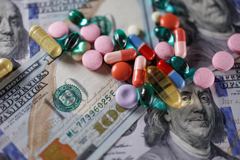Multicolor pile of pills scattered across a bunch of hundred dollar bills.