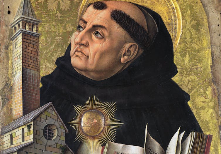 Portrait of a man dressed in a black cloak, with a golden halo around his head, looking in the distance.