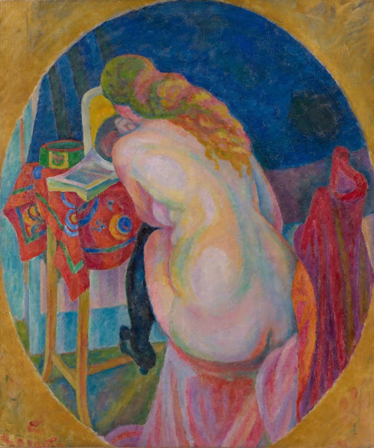 The back of a woman painted in pastels.