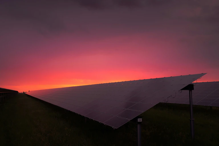 Des panneaux solaires sous la lumière du soleil couchant.