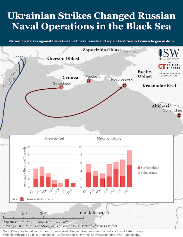 ISW map showing redeployment of Black Sea Fleet from Crimea to Russian mainland.
