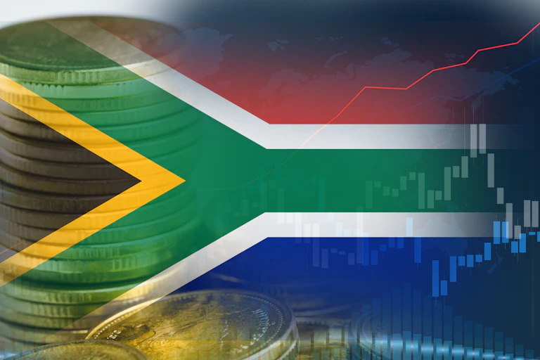 South African flag with coin images and graph lines superimposed