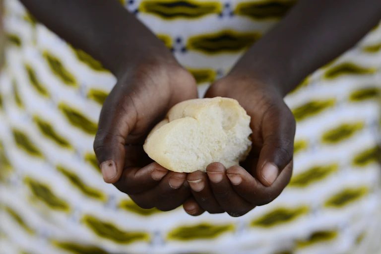 A child's hands holding a piece of bread