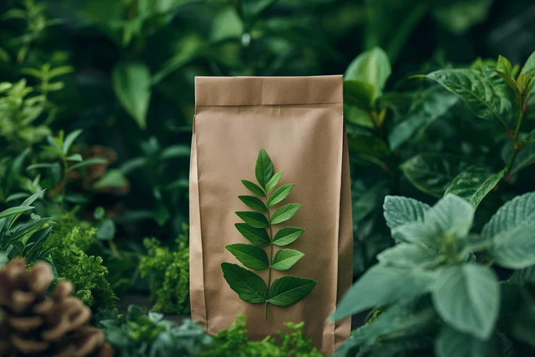 Un sachet en papier et décor naturel