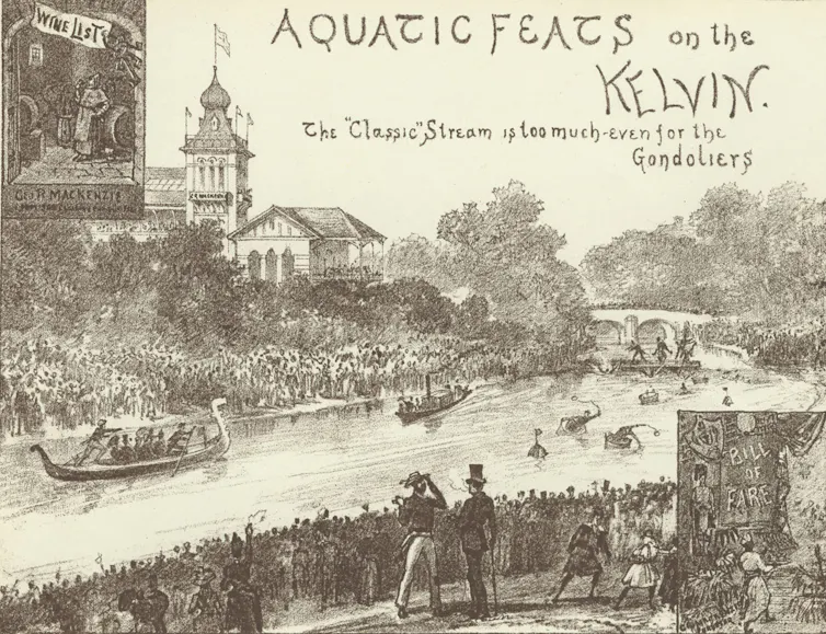 black and white poster of glasgow river in 19th century, words: aquatic feats on the Kelvin