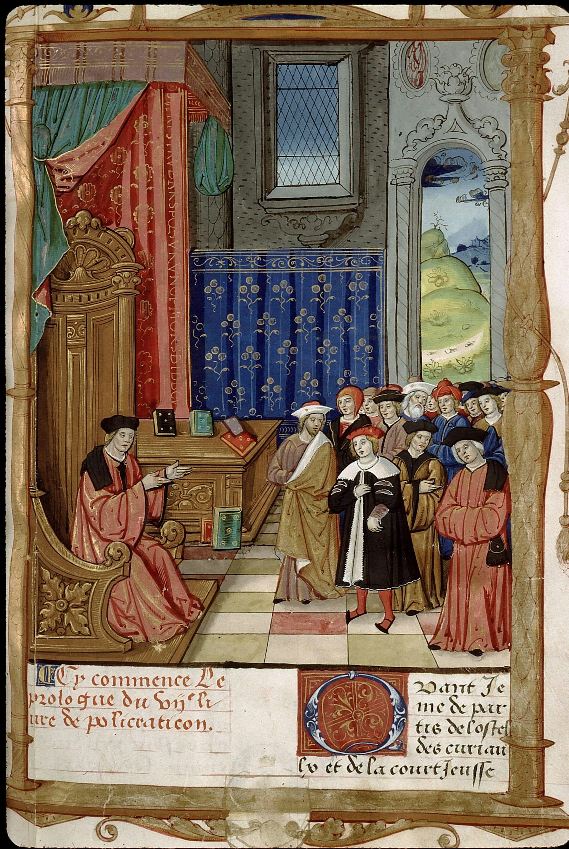 A detailed depiction of a man in a robe and hat sitting on a wooden chair speaking to a group of standing people.