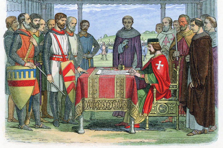 A colorful woodcut of a man wearing a crown signing a document while surrounded by others in fancy medieval dress.