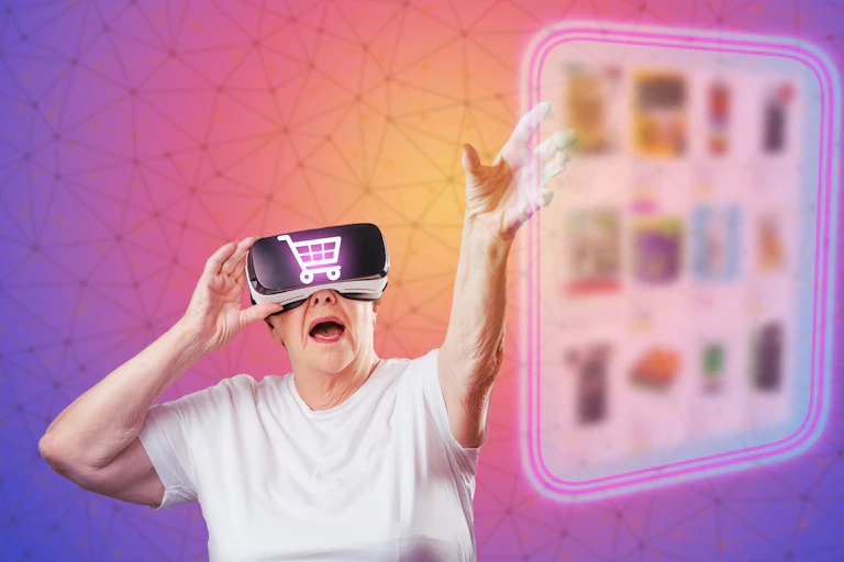 Une femme avec un casque de rélaité virtuelle tend le bras pour faire un achat ?