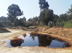 Dark brown pool of water in a sandy area