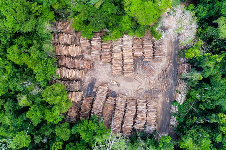 foto aérea de floresta tropical com troncos no chão no centro