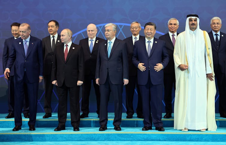 Leaders of member states of the Shanghai Cooperation Organization (SCO) pose for a photo during a summit in Astana, July 2024.