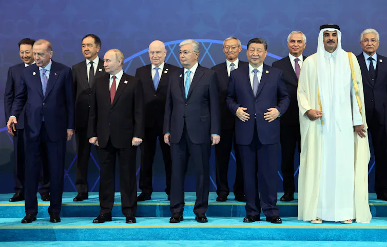 Leaders of member states of the Shanghai Cooperation Organization (SCO) pose for a photo during a summit in Astana, July 2024.