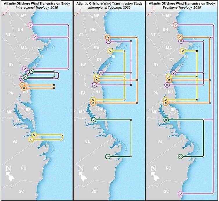 Three maps show how a backbone design connects systems all along the coast and requires fewer wind farm-to-land connections.