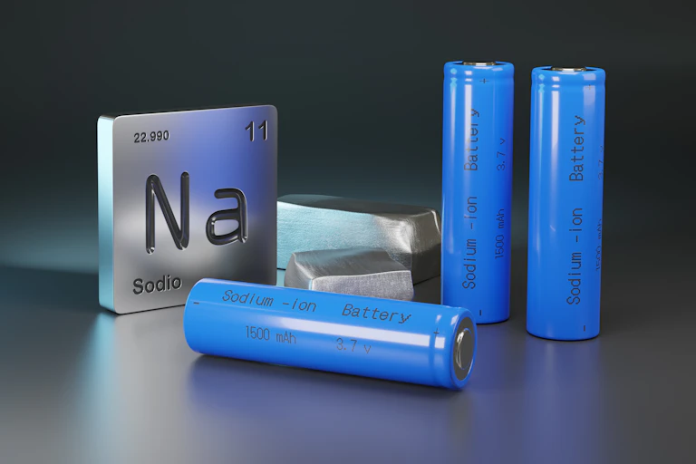 sodium-ion batteries and metal plate saying Na
