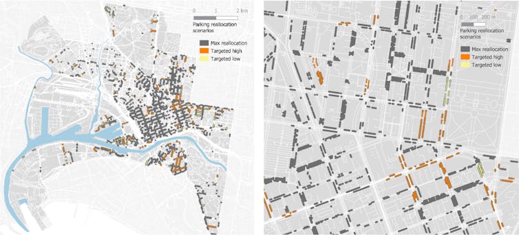 maps of city streets showing target areas and level of priority for turning parking spaces into small green spaces to connect fragmented patches of habitat