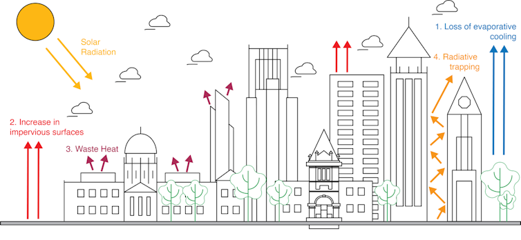 An illustration of a city showing drivers of the urban heat island effect.