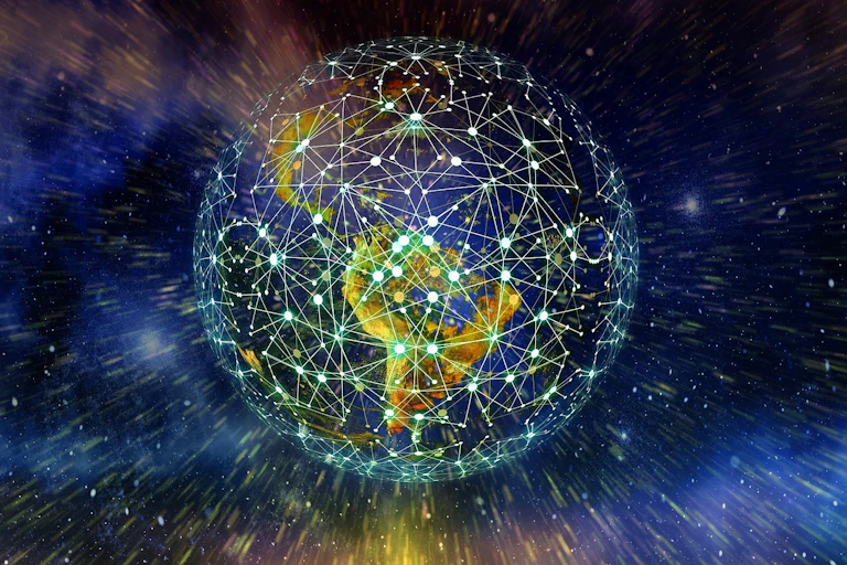 Illustration of a globe with many connected dots surrounding it.