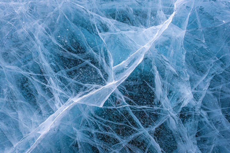 Close-up of the surface of a frozen lake