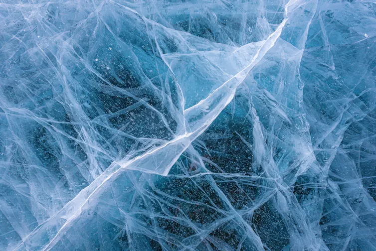 Close-up of the surface of a frozen lake