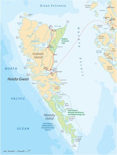 A map showing the islands of Haida Gwaii srrounded by the pacific ocean to the west and Hecate strait and mainland BC to the east.