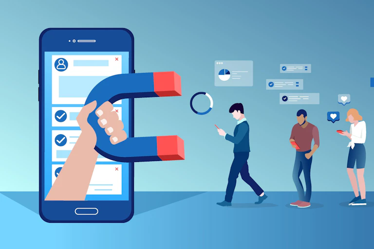 Graphic of people on phones walking toward a large phone with a hand carrying a magnet