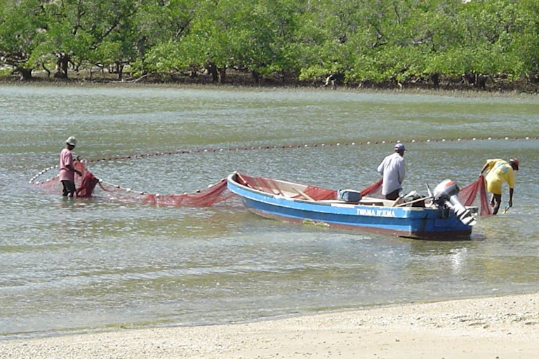 Three fishers with a motor boat spread out a net just offshore from a beach with mountains in the background.