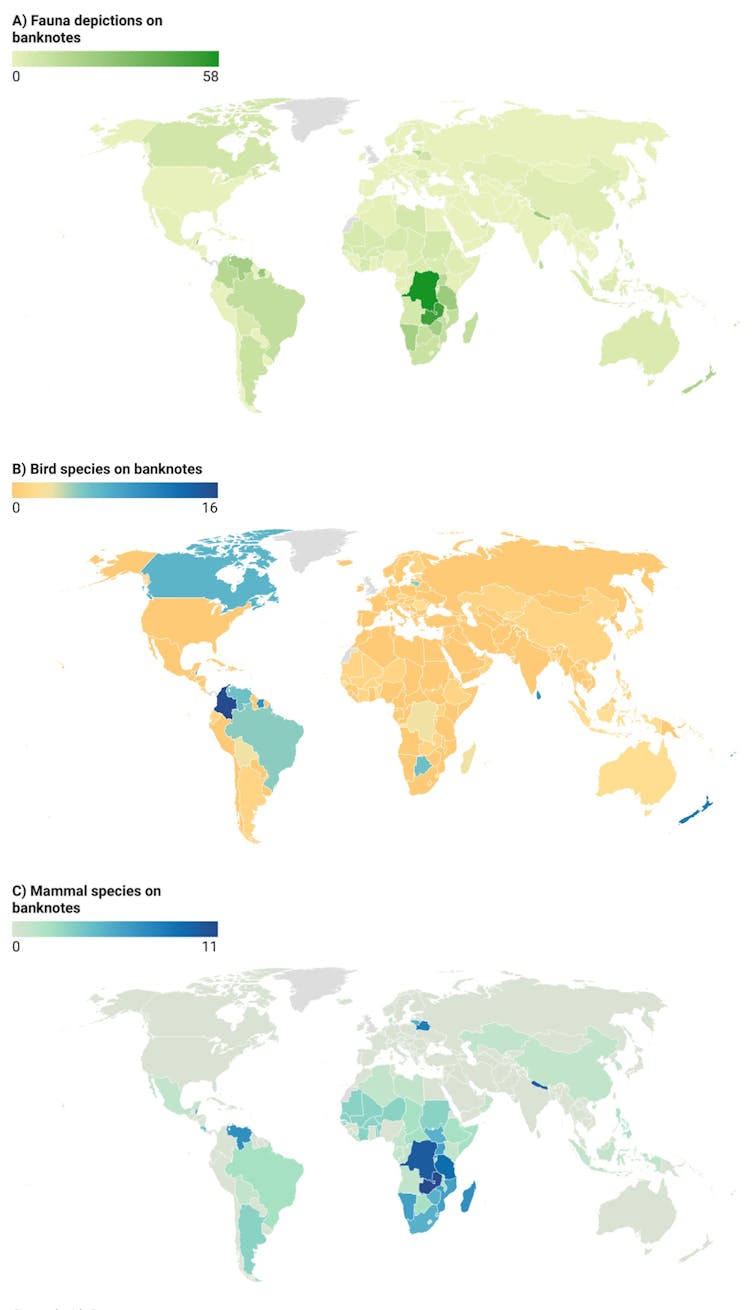 Three heat maps (fauna generally, birds, mammals) illustrating how wildlife imagery is used on banknotes throughout the world.