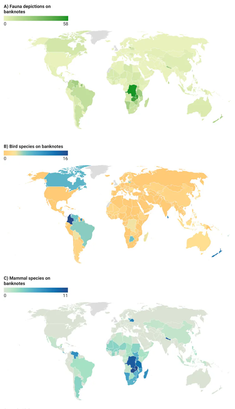 Trois heat maps (ensemble de la faune, oiseaux et mammifères) montrent comment les animaux sauvages sont représentés sur les billets de banque à travers le monde.