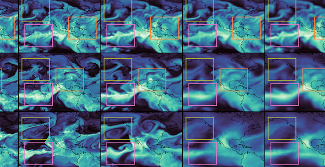A grid of similar images showing shading in blue and green over a map of North America and the northeast Pacific Ocean.