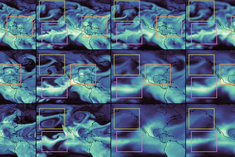 A grid of similar images showing shading in blue and green over a map of North America and the northeast Pacific Ocean.