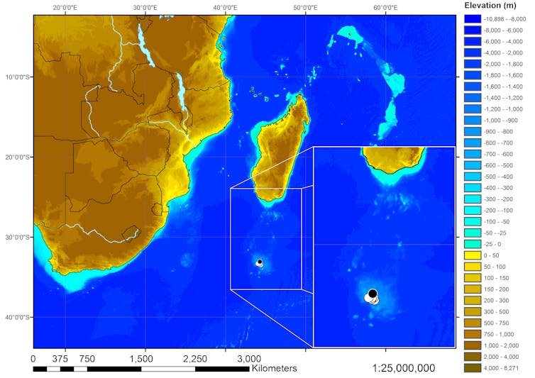 Black dots on a map that's mostly blue as it represents the ocean