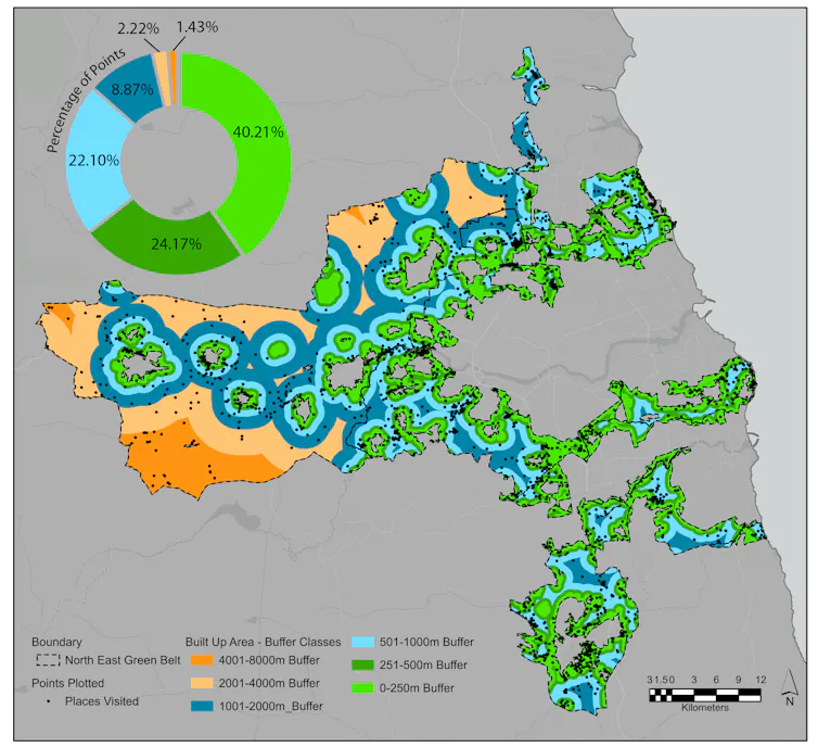 Map of the north-east green belt showing points placed where people visits overlaid with spatial buffers.