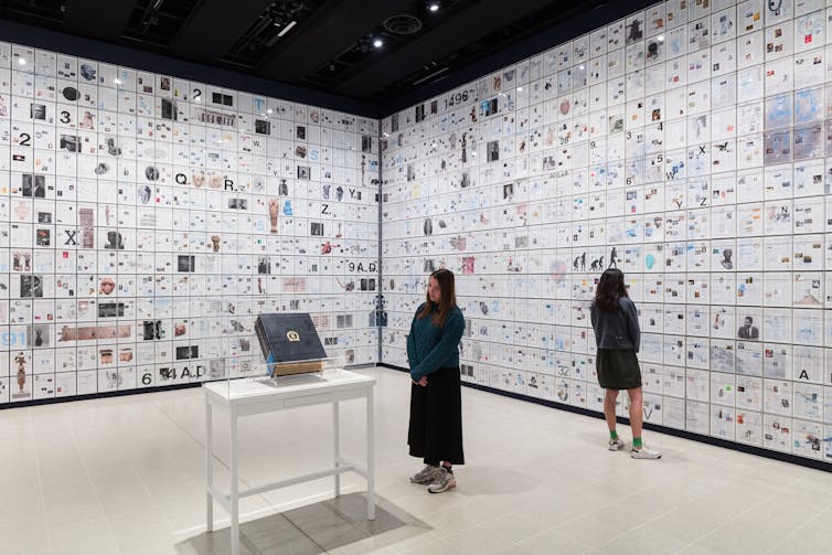 room containing pages of a book on the walls
