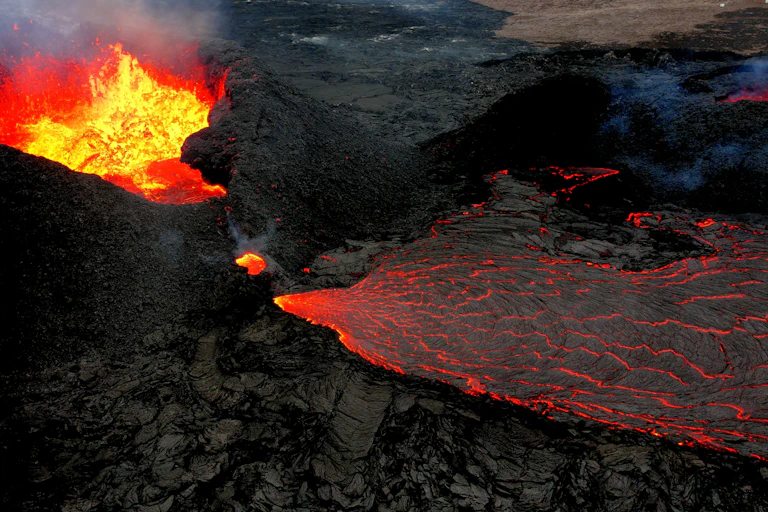 A flow of lava on the ground.
