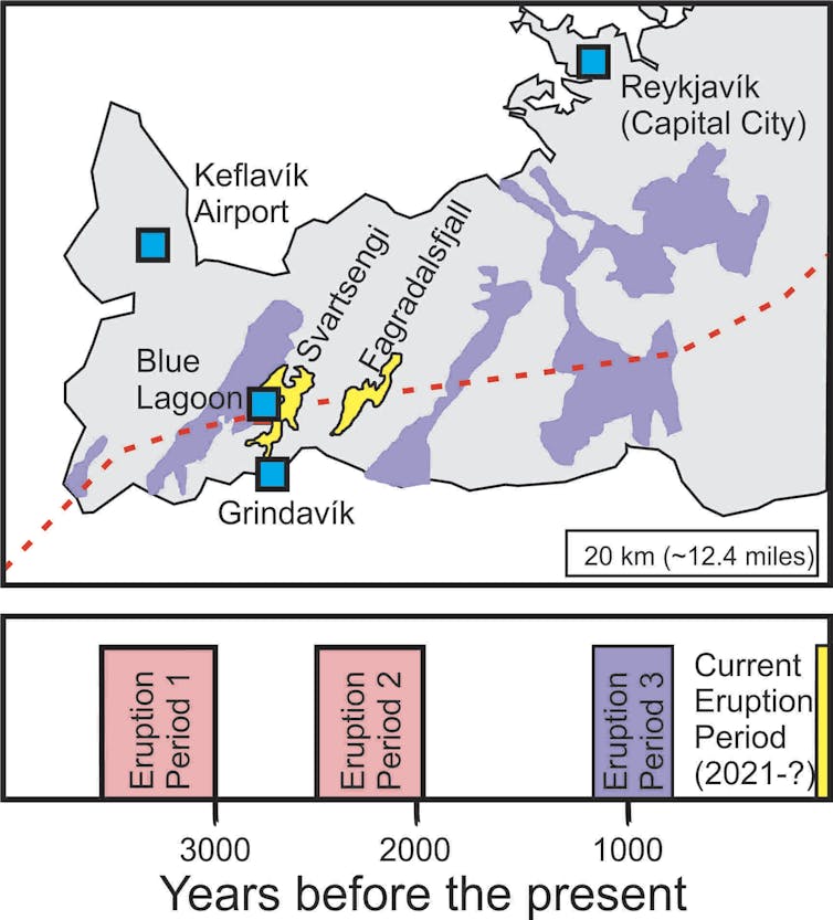 A map of the Reykjanes Peninsula, with shaded regions overlapping a dashed ridge line.